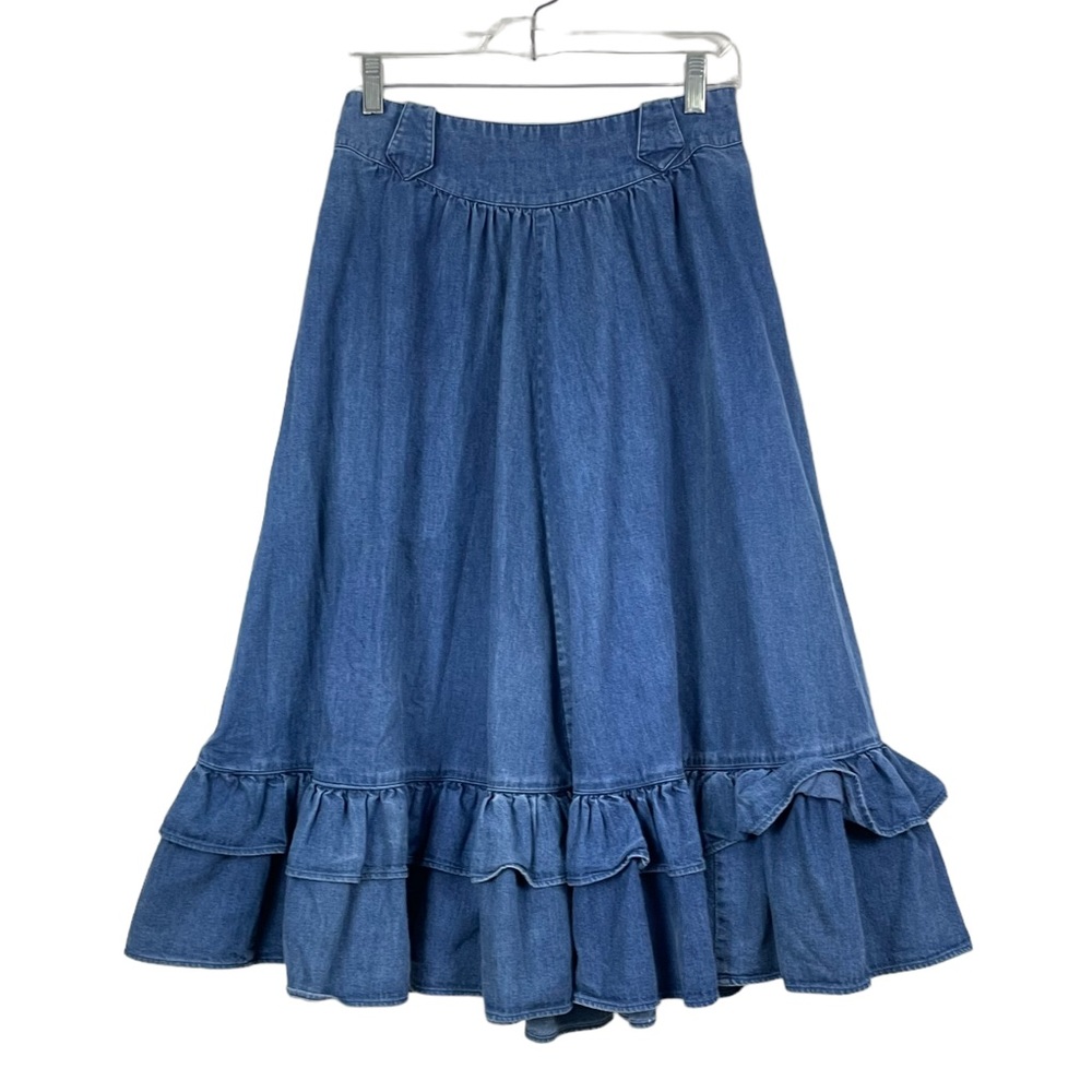 VINTAGE Circle T Blue Jean Denim Ruffled Western Style Midi Skirt